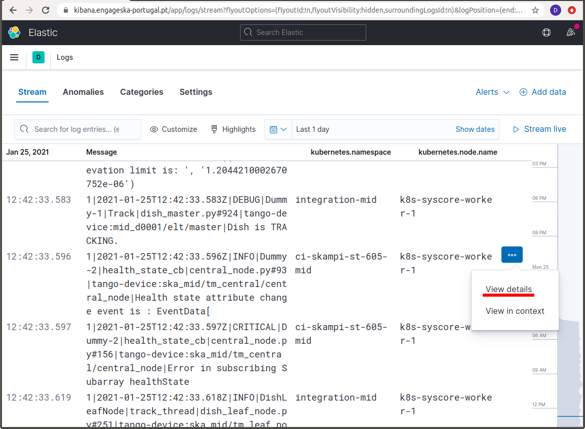kibana log stream, selecting "view details" for a particular CI pipeline