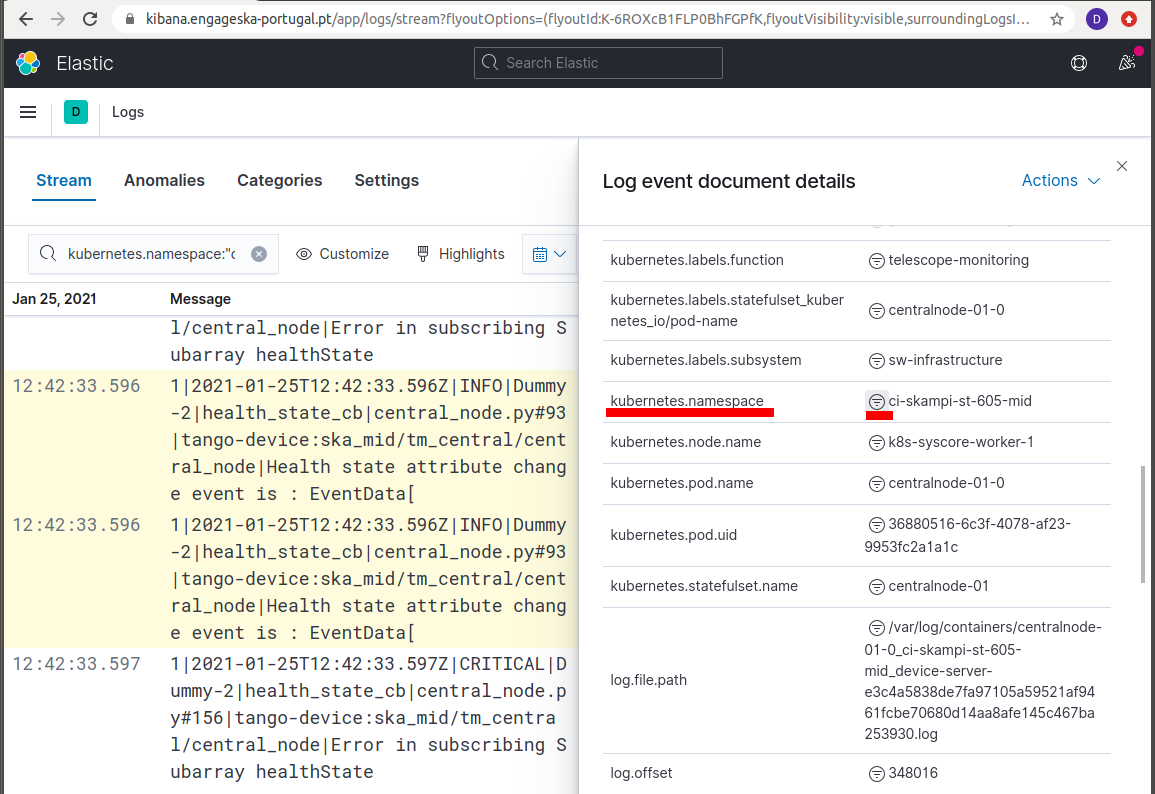 Kibana Log event document details, selecting the kubernetes.namespace