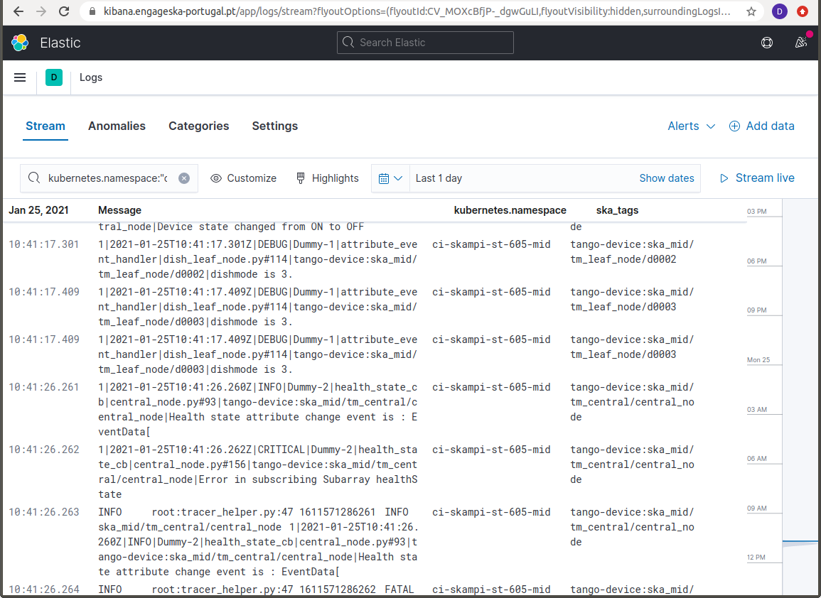 logs for the specified namespace