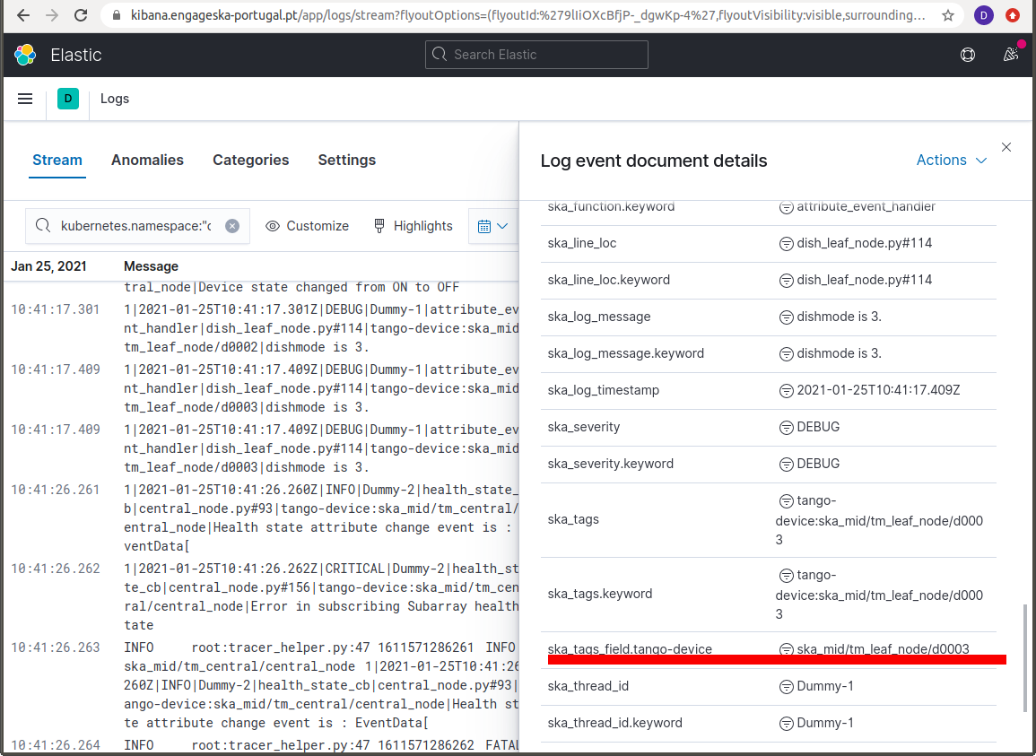 selecting ska-tags to look at tango-device log messages